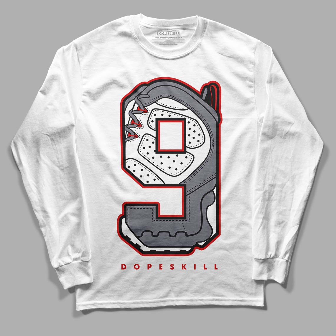 Fire Red 9s DopeSkill Long Sleeve T-Shirt No.9 Graphic - White 