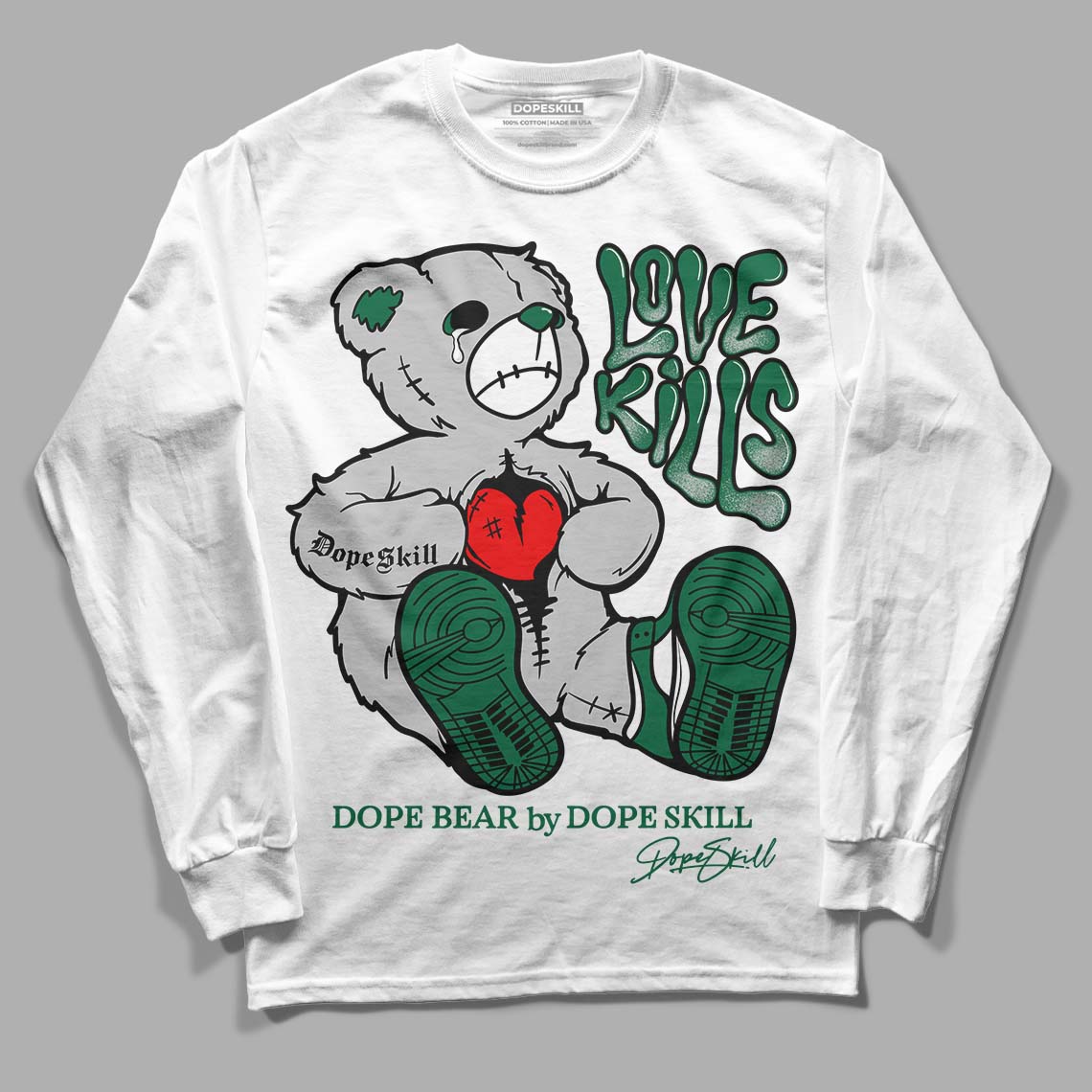 Gorge Green 1s DopeSkill Long Sleeve T-Shirt Love Kills Graphic - White 