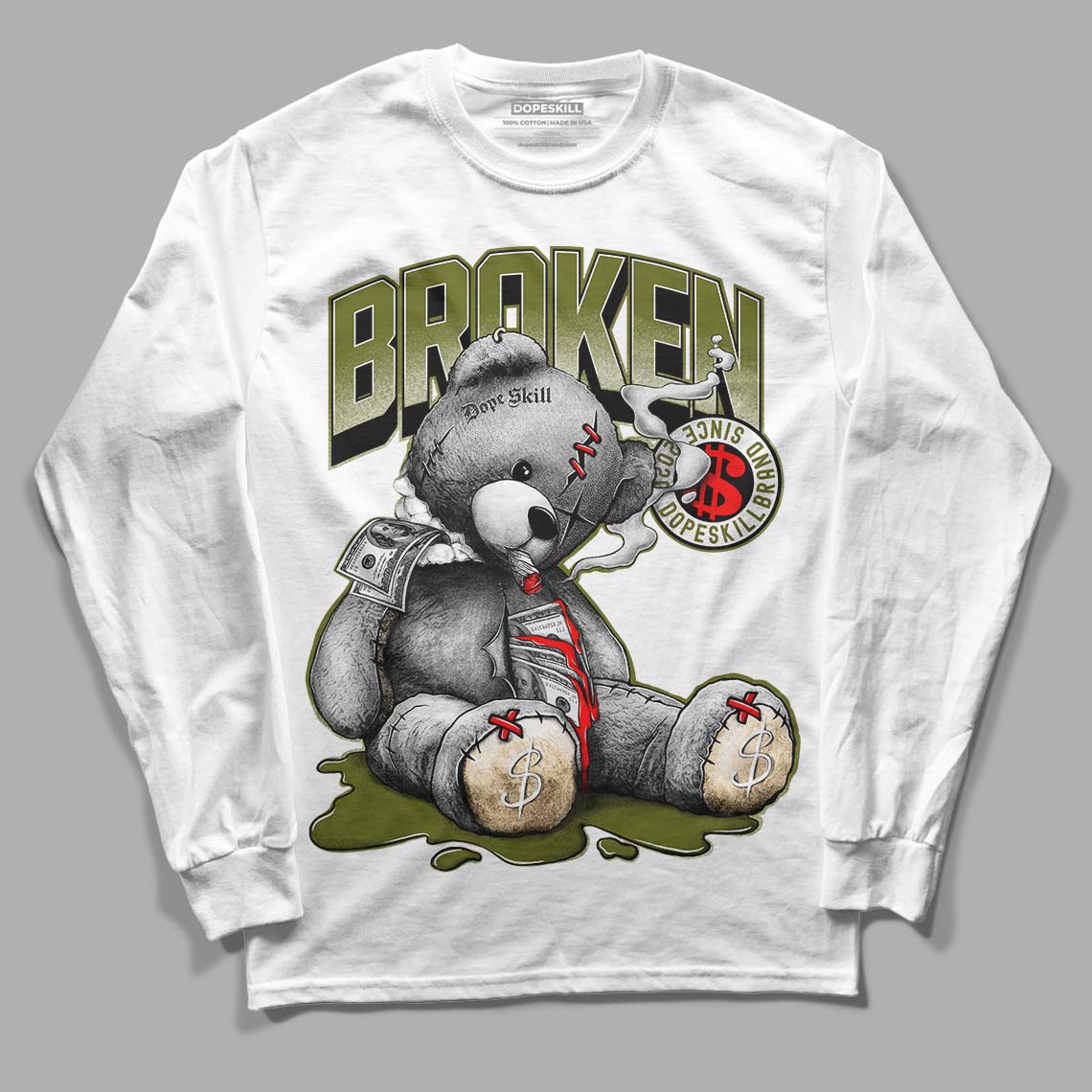 Travis Scott x Jordan 1 Low OG “Olive” DopeSkill Long Sleeve T-Shirt Sick Bear Graphic Streetwear - White