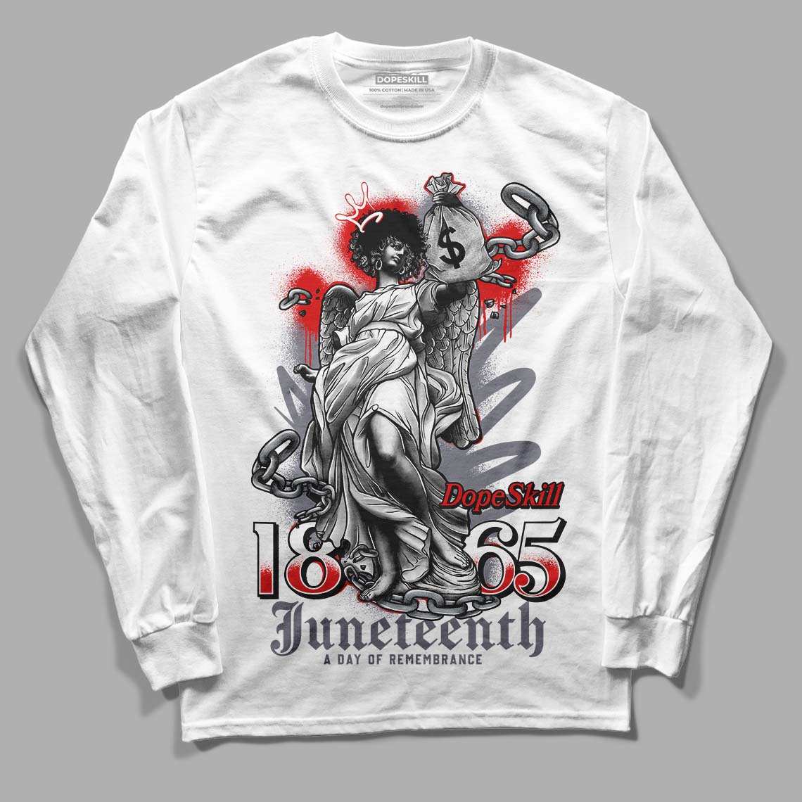 Fire Red 9s DopeSkill Long Sleeve T-Shirt Juneteenth Graphic - White 