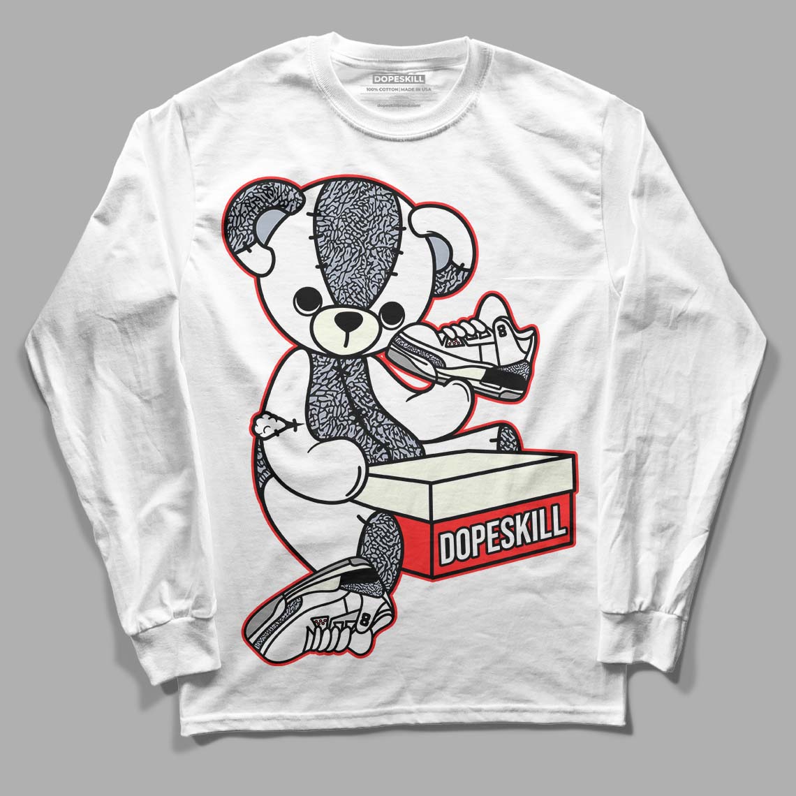 Jordan 3 Retro White Cement Reimagined DopeSkill Long Sleeve T-Shirt Sneakerhead BEAR Graphic Streetwear - White