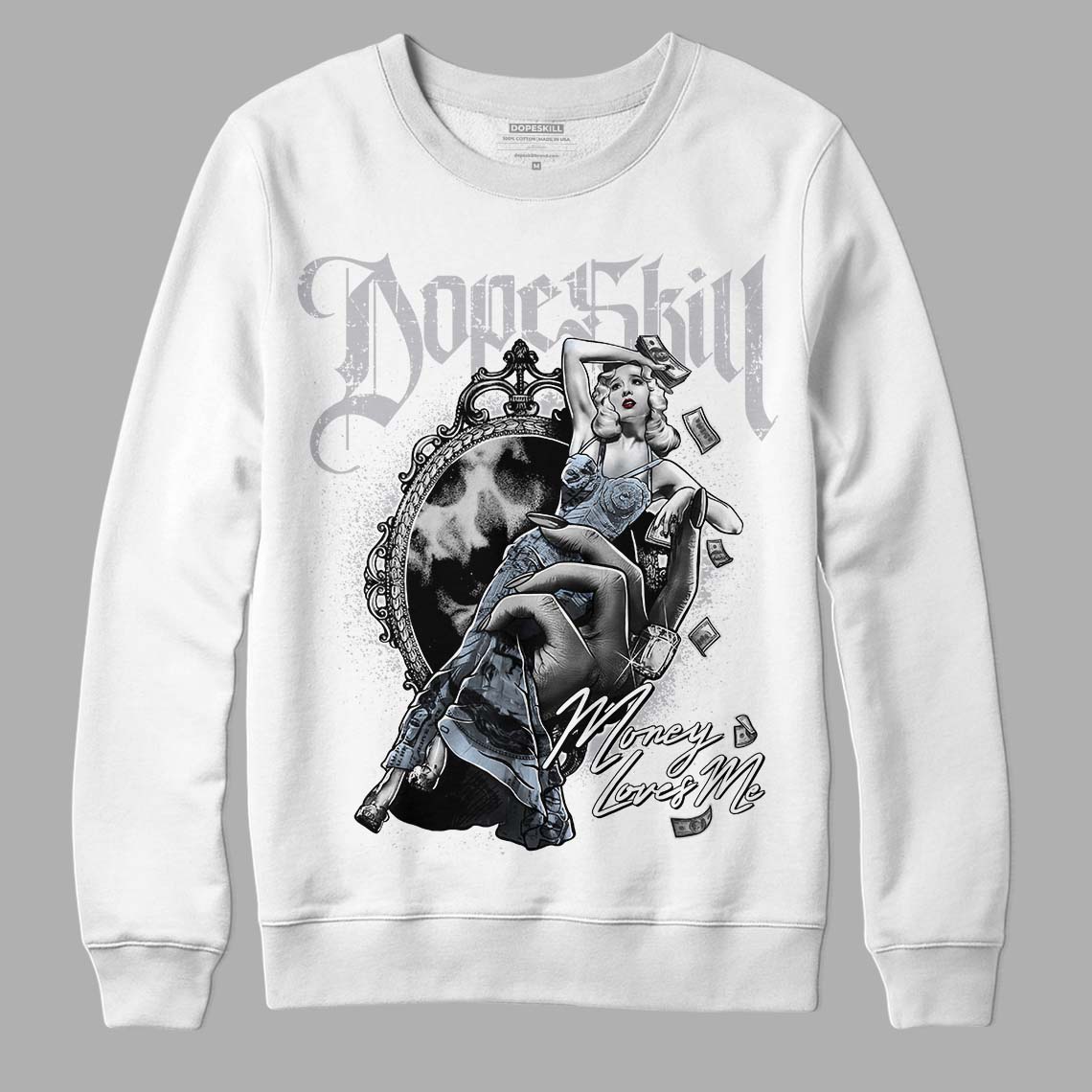 Jordan 11 Retro Low Cement Grey DopeSkill Sweatshirt Money Loves Me Graphic Streetwear - White 