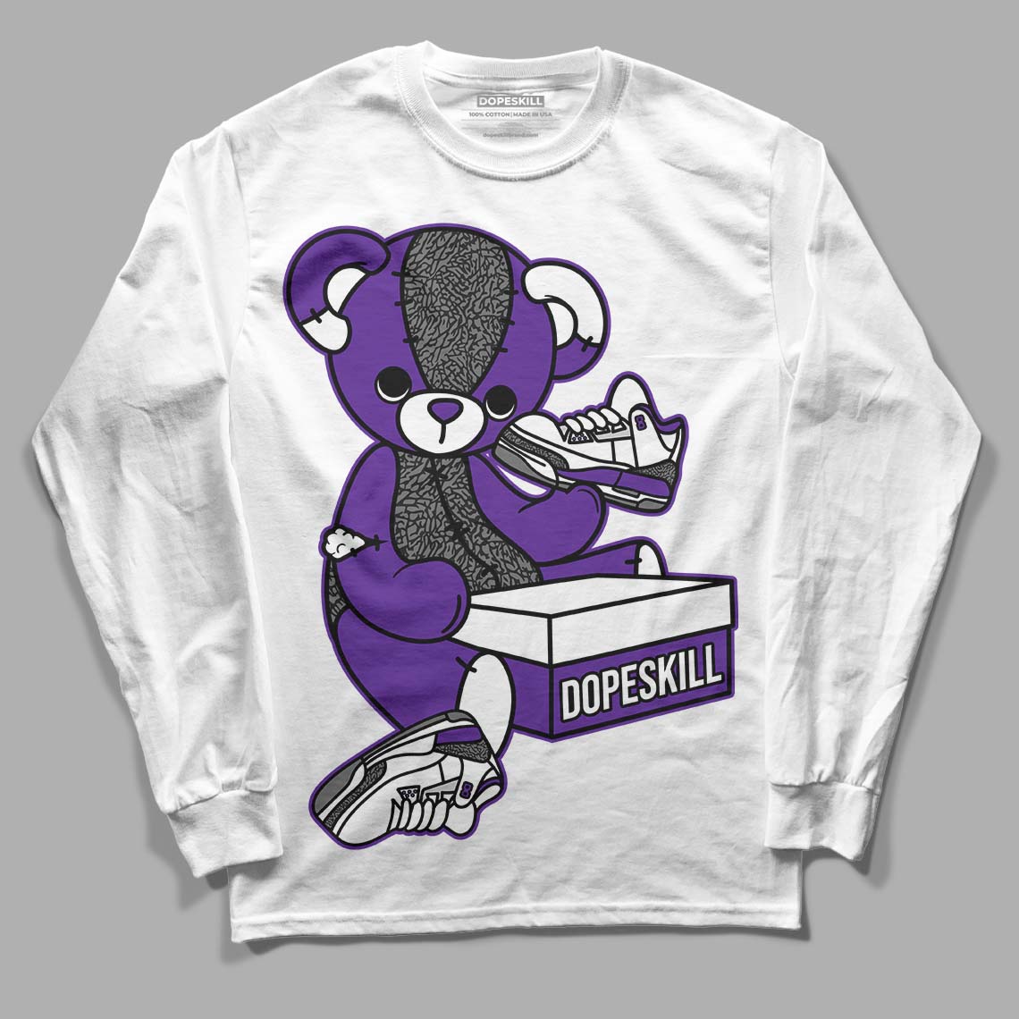 Dark Iris 3s DopeSkill Long Sleeve T-Shirt Sneakerhead BEAR Graphic - White 