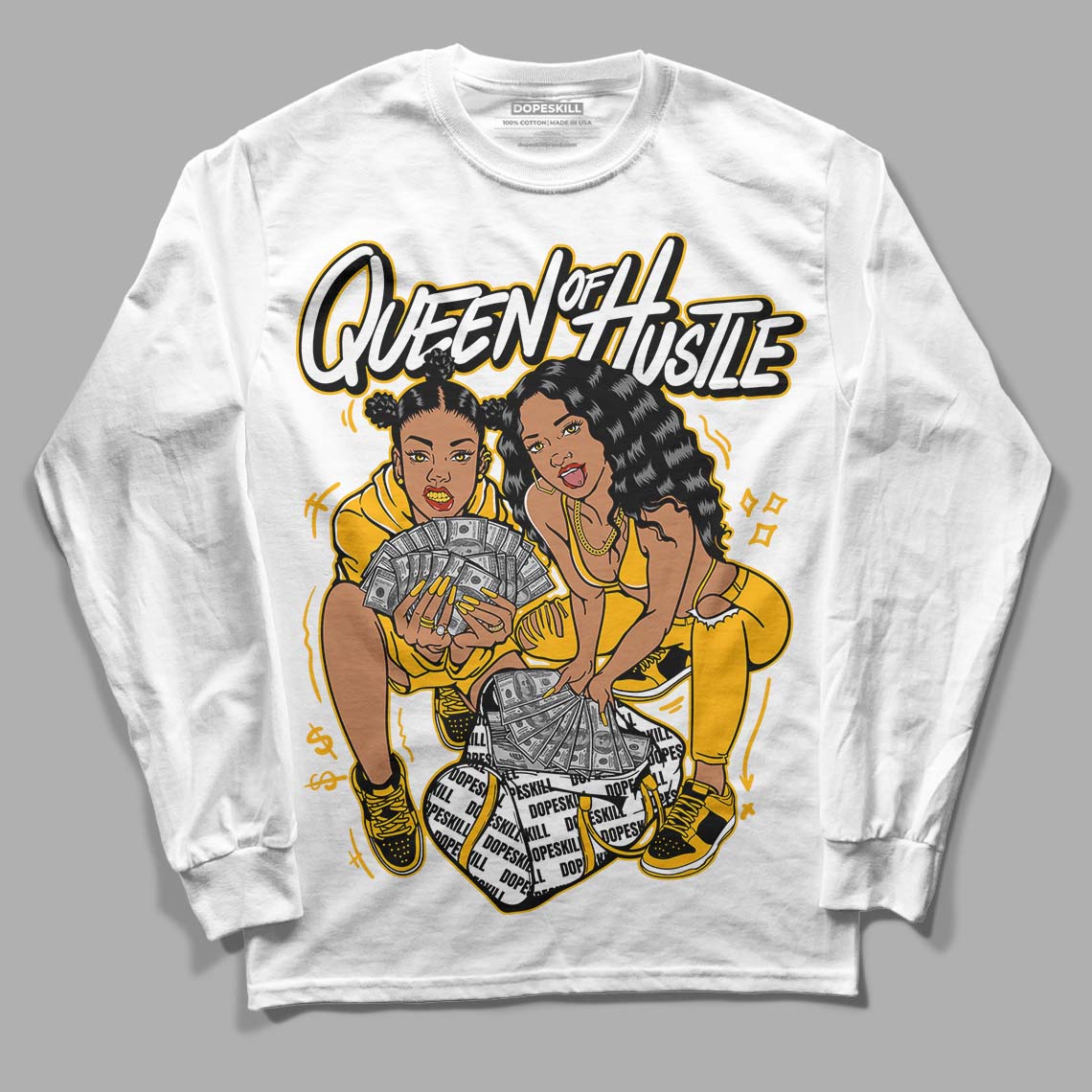 Goldenrod Dunk DopeSkill Long Sleeve T-Shirt Queen Of Hustle Graphic - White 