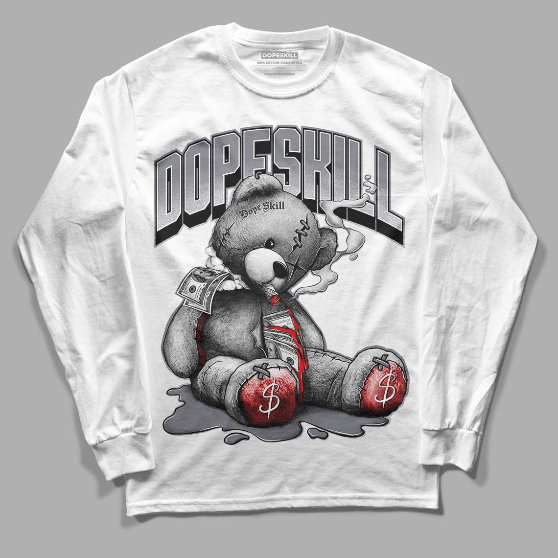 Fire Red 9s DopeSkill Long Sleeve T-Shirt Sick Bear Graphic - White 