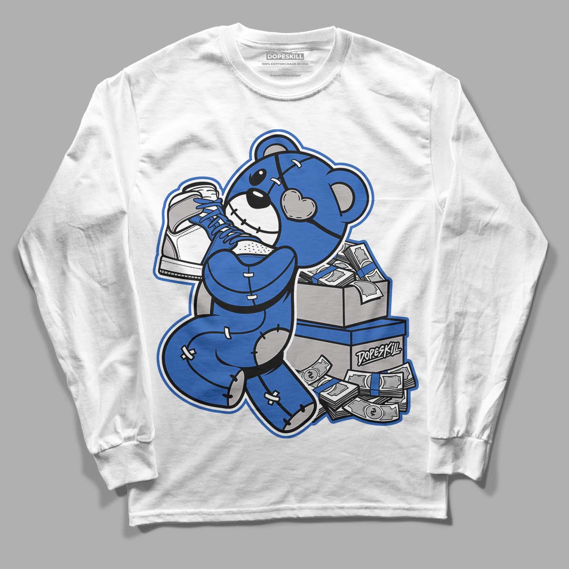 True Blue 1s DopeSkill Long Sleeve T-Shirt Bear Steals Sneaker Graphic - White