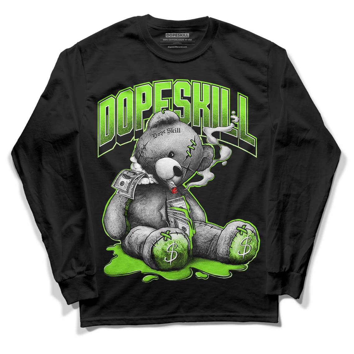 Neon Green Collection DopeSkill Long Sleeve T-Shirt Sick Bear Graphic - Black