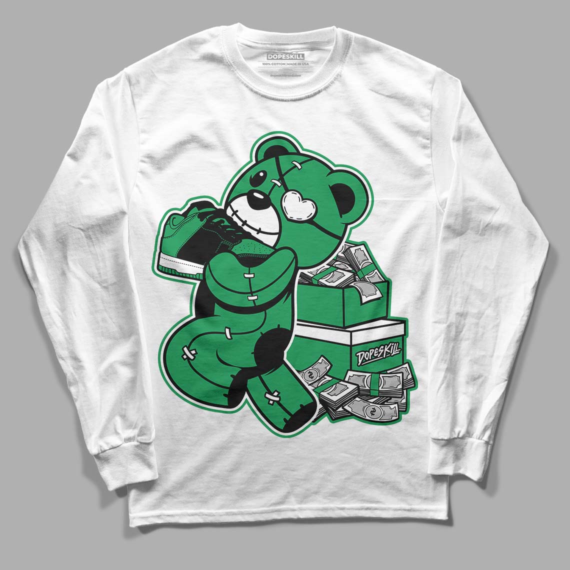 Jordan 1 Low Lucky Green DopeSkill Long Sleeve T-Shirt Bear Steals Sneaker Graphic Streetwear - White