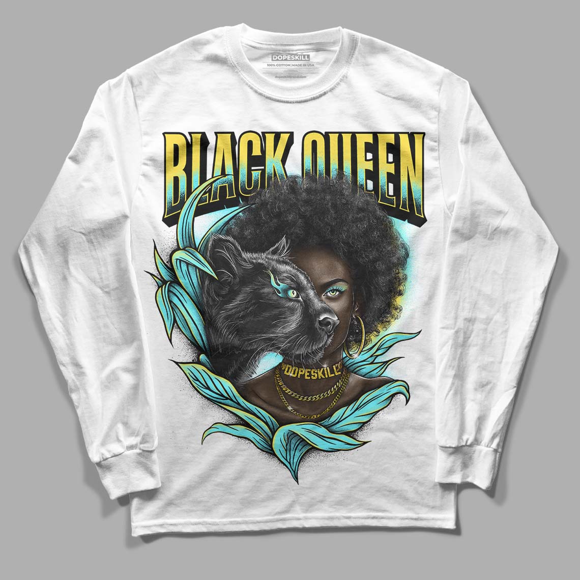 Aqua 5s DopeSkill Long Sleeve T-Shirt New Black Queen Graphic - White 