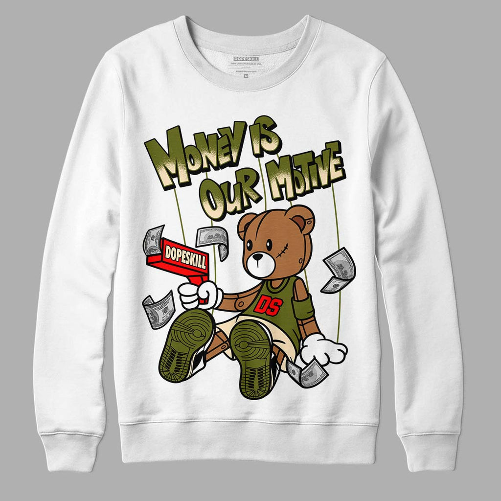Travis Scott x Jordan 1 Low OG “Olive” DopeSkill Sweatshirt Money Is Our Motive Bear Graphic Streetwear - White