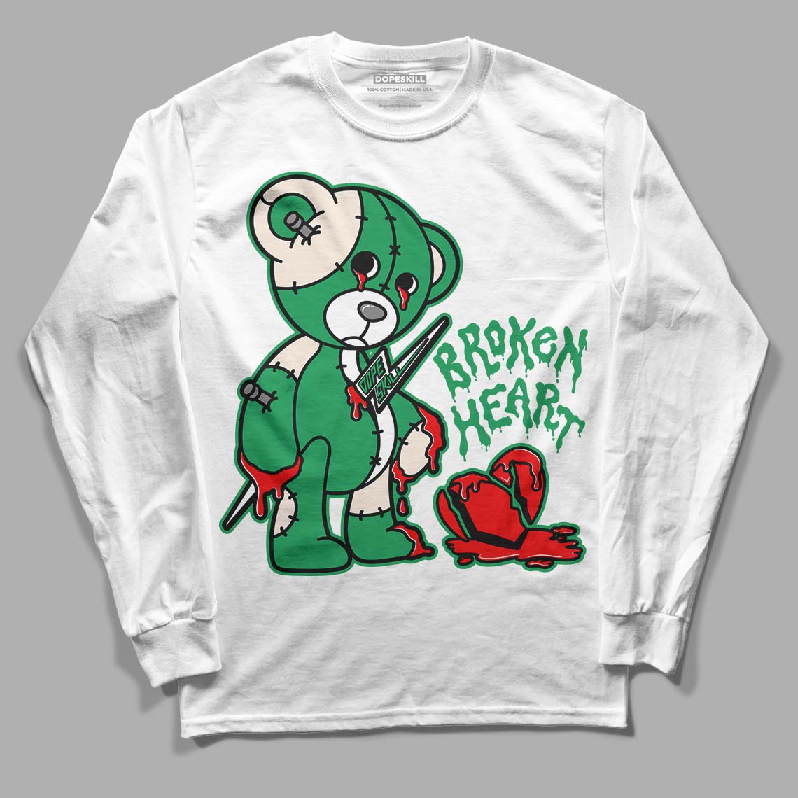 Jordan 2 Retro Lucky Green DopeSkill Long Sleeve T-Shirt Broken Heart Graphic Streetwear - White 