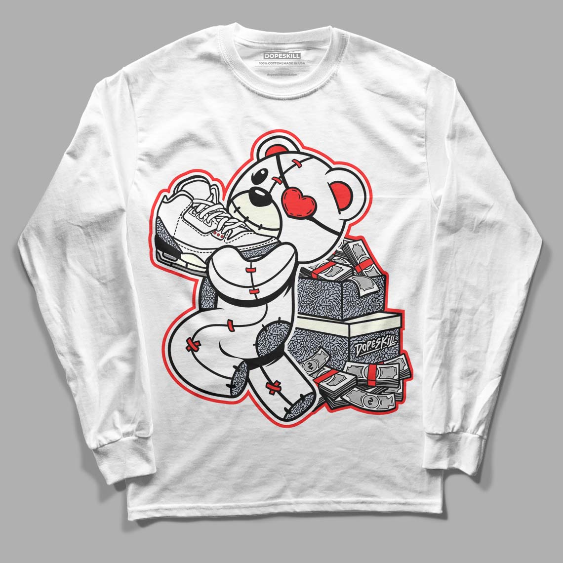 Jordan 3 Retro White Cement Reimagined DopeSkill Long Sleeve T-Shirt Bear Steals Sneaker Graphic Streetwear - White