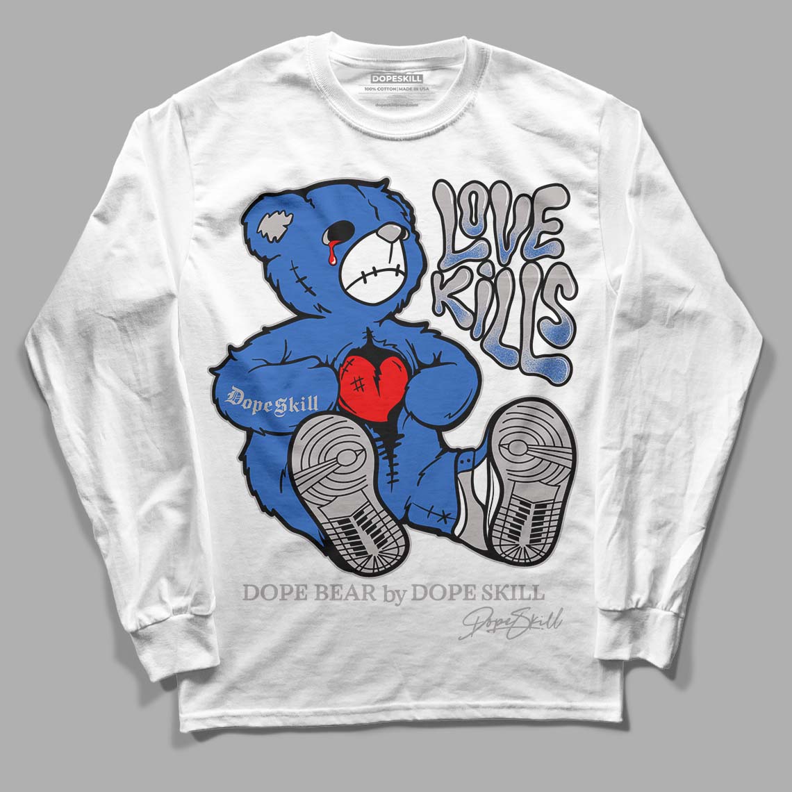 True Blue 1s DopeSkill Long Sleeve T-Shirt Love Kills Graphic - White