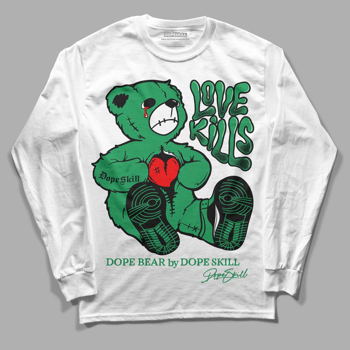 Jordan 1 Low Lucky Green DopeSkill Long Sleeve T-Shirt Love Kills Graphic Streetwear - White