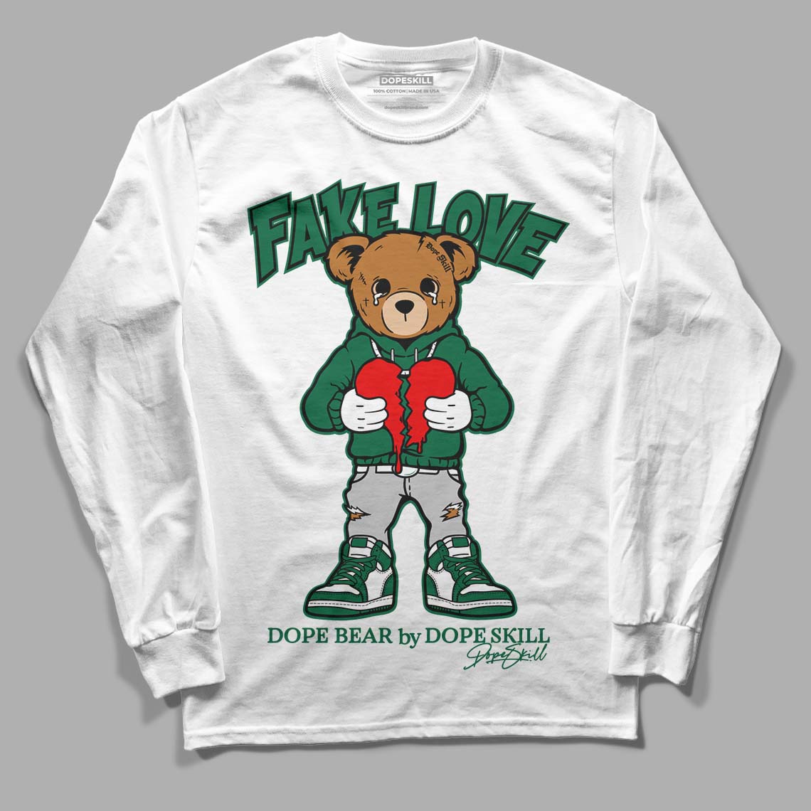 Gorge Green 1s DopeSkill Long Sleeve T-Shirt Fake Love Graphic - White 