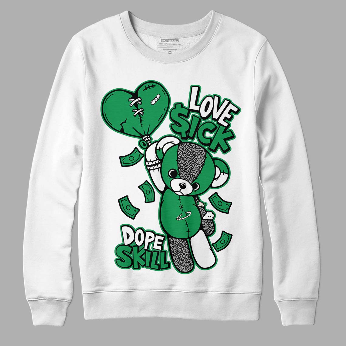 Jordan 3 WMNS “Lucky Green” DopeSkill Sweatshirt Love Sick Graphic Streetwear - White