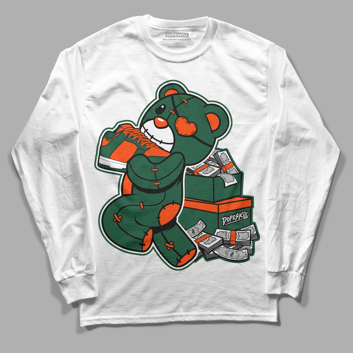 Dunk Low Team Dark Green Orange DopeSkill Long Sleeve T-Shirt Bear Steals Sneaker Graphic - White