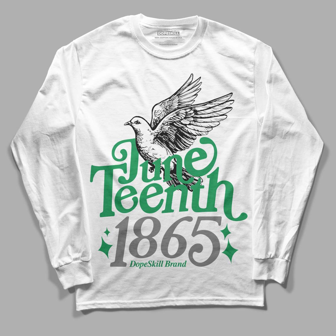 Jordan 2 Retro Lucky Green DopeSkill Long Sleeve T-Shirt Juneteenth 1865 Graphic Streetwear - White