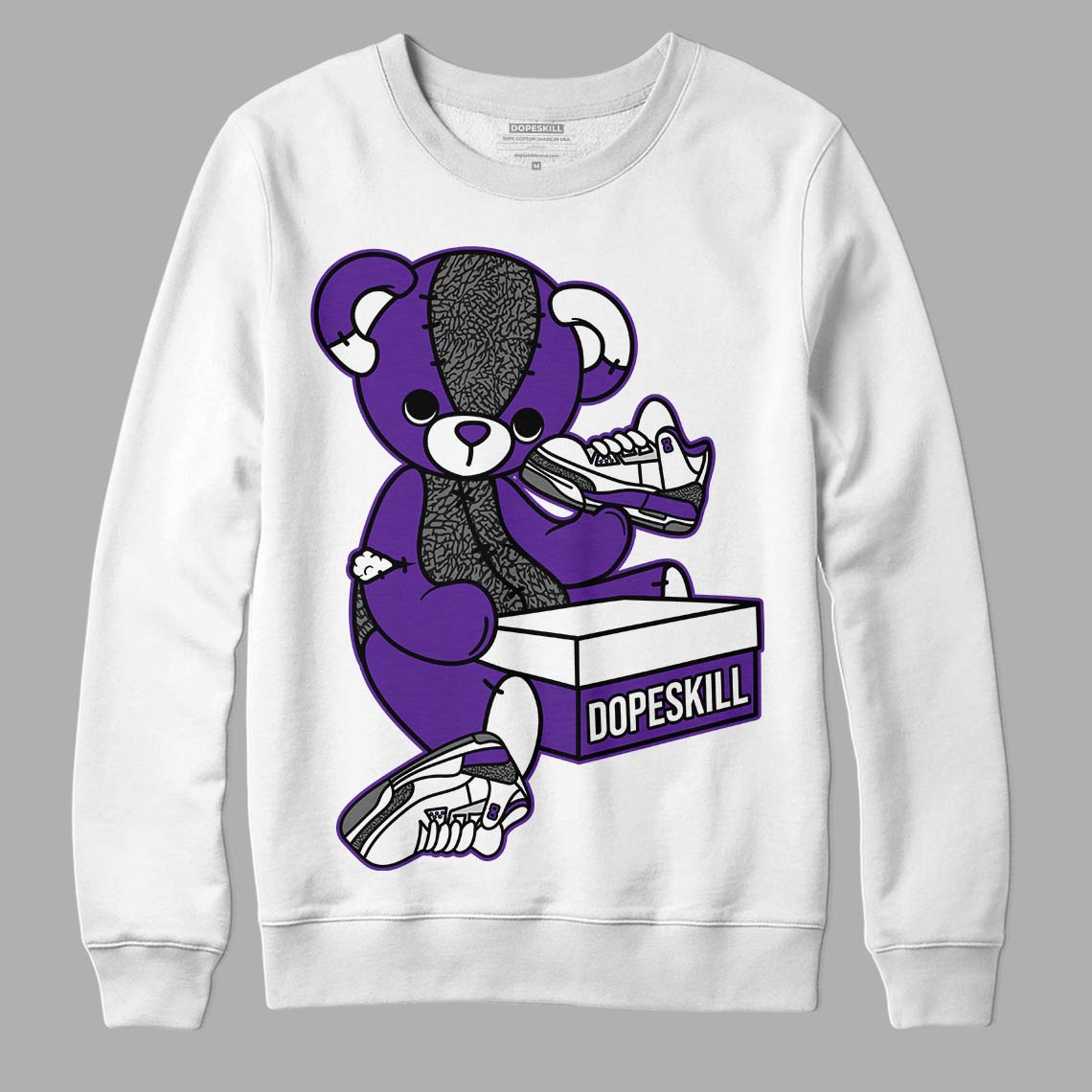 Dark Iris 3s DopeSkill Sweatshirt Sneakerhead BEAR Graphic - White 