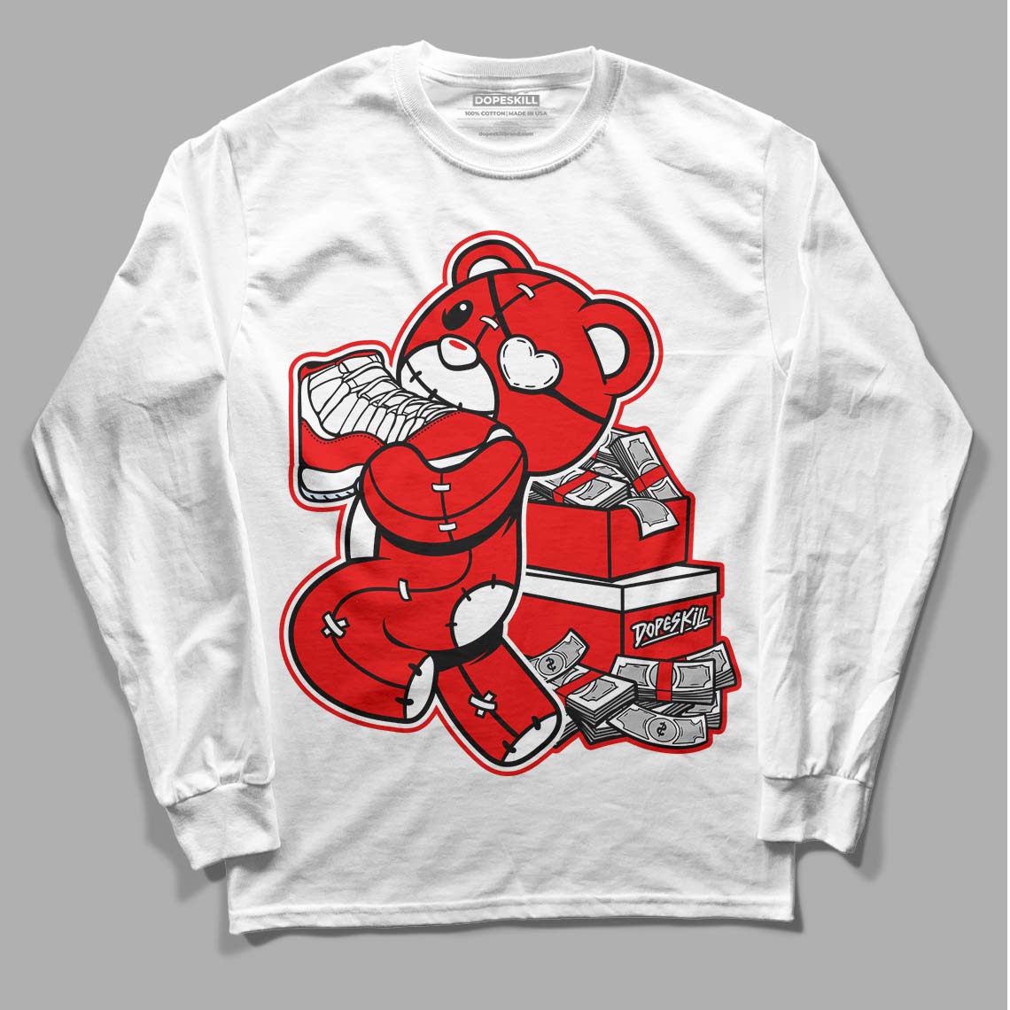 Cherry 11s DopeSkill Long Sleeve T-Shirt Bear Steals Sneaker Graphic - White