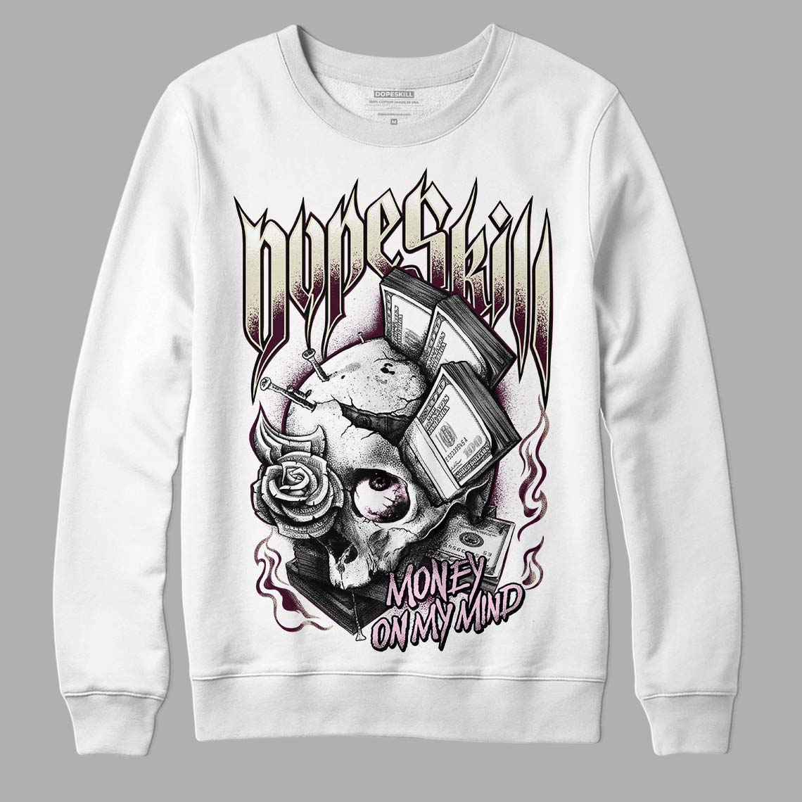 Dunk Low Night Maroon and Medium Soft Pink DopeSkill Sweatshirt Money On My Mind Graphic Streetwear - White 