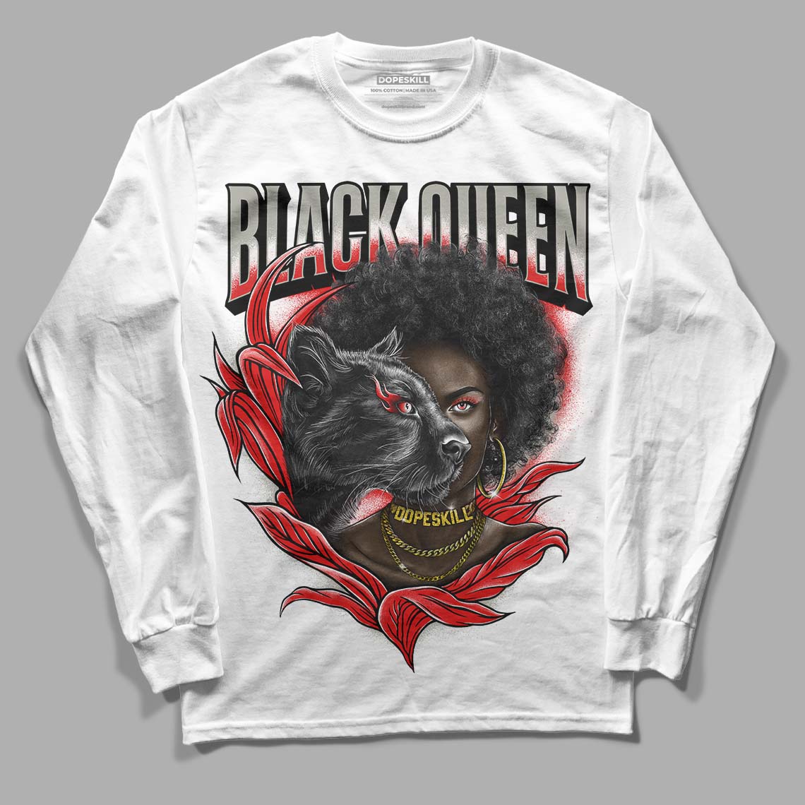 Fire Red 3s DopeSkill Long Sleeve T-Shirt New Black Queen Graphic - White 