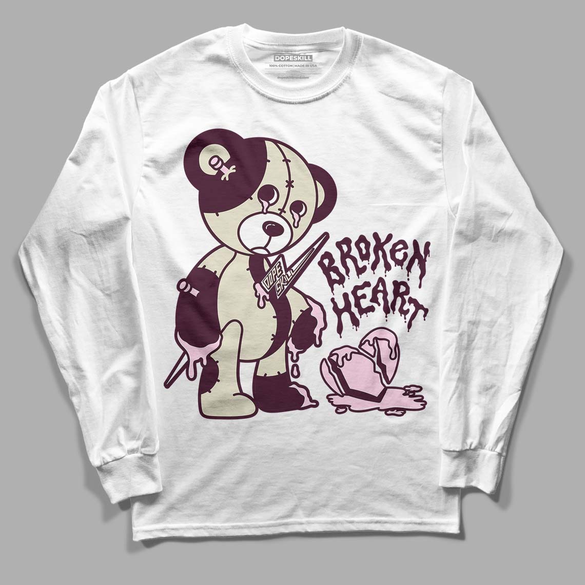 Dunk Low Night Maroon and Medium Soft Pink DopeSkill Long Sleeve T-Shirt Broken Heart Graphic Streetwear - White 