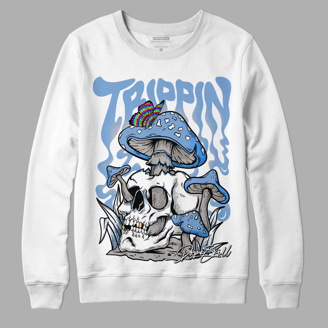 Jordan 5 Retro University Blue DopeSkill Sweatshirt Trippin Graphic Streetwear - White 