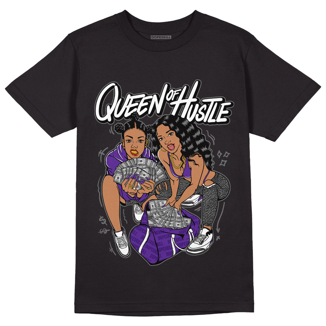 Jordan 3 Dark Iris DopeSkill T-Shirt Queen Of Hustle Graphic - Black