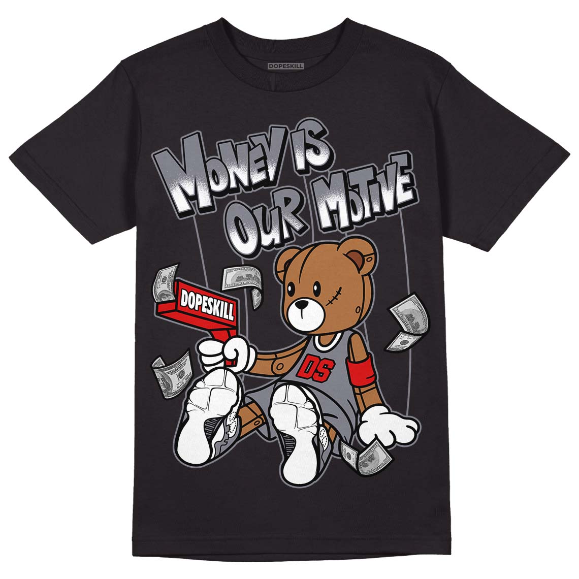 Fire Red 9s DopeSkill T-Shirt Money Is Our Motive Bear Graphic - Black 