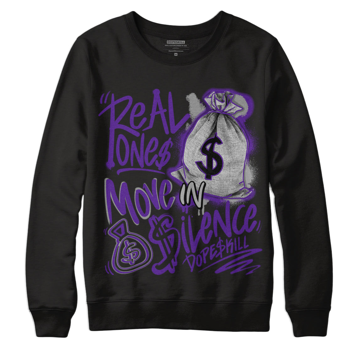 Jordan 3 Dark Iris DopeSkill Sweatshirt Real Ones Move In Silence Graphic - Black 