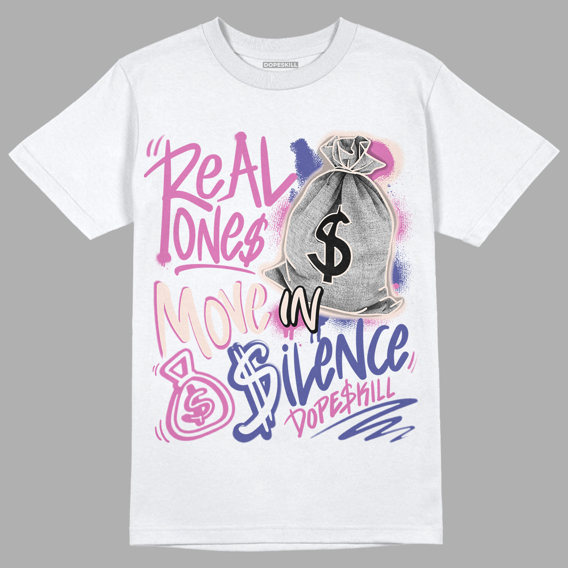 Jordan 7 SE Sapphire DopeSkill T-Shirt Real Ones Move In Silence Graphic - White 