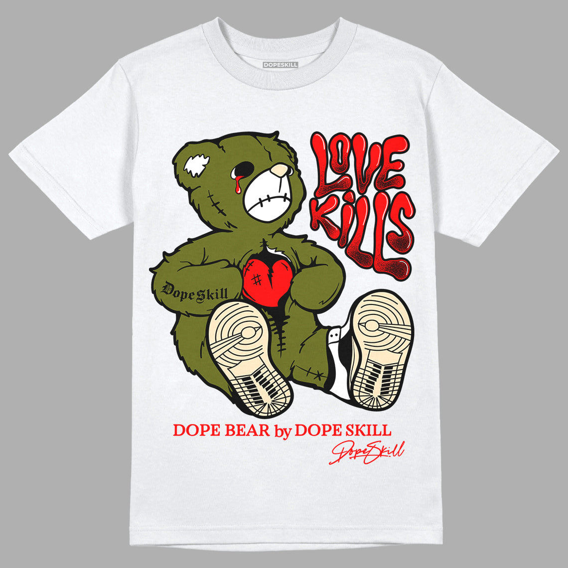 Travis Scott x Jordan 1 Low OG “Olive” DopeSkill T-Shirt Love Kills Graphic Streetwear _ White