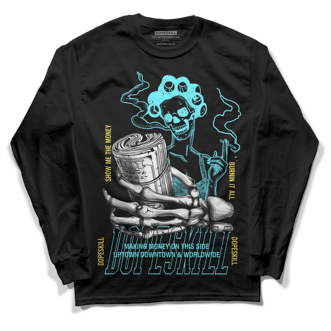 Aqua 5s DopeSkill Long Sleeve T-Shirt Show Me The Money Graphic - Black 