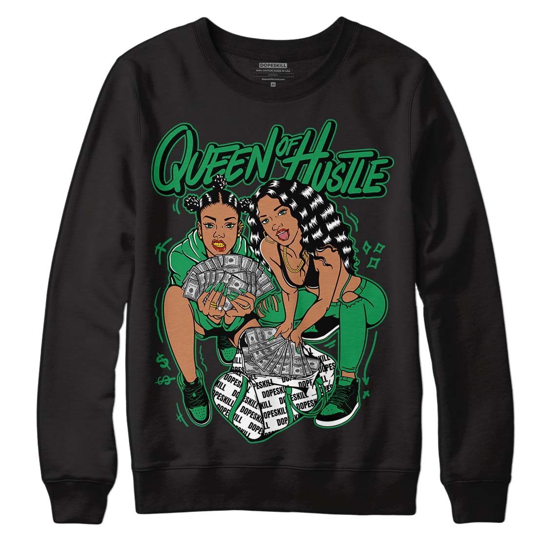 Jordan 1 Low Lucky Green DopeSkill Sweatshirt Queen Of Hustle Graphic Streetwear - Black