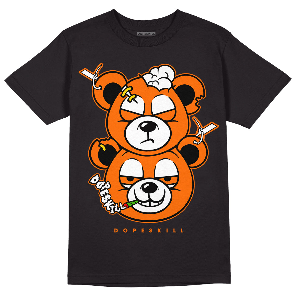 Orange Black White DopeSkill T-Shirt New Double Bear Graphic - Black