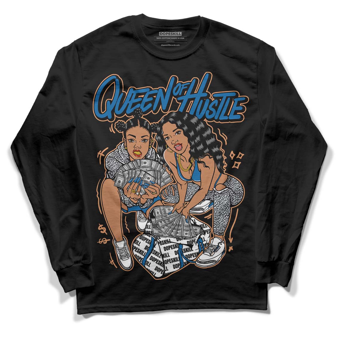 Jordan 3 Retro Wizards DopeSkill Long Sleeve T-Shirt Queen Of Hustle Graphic Streetwear - Black