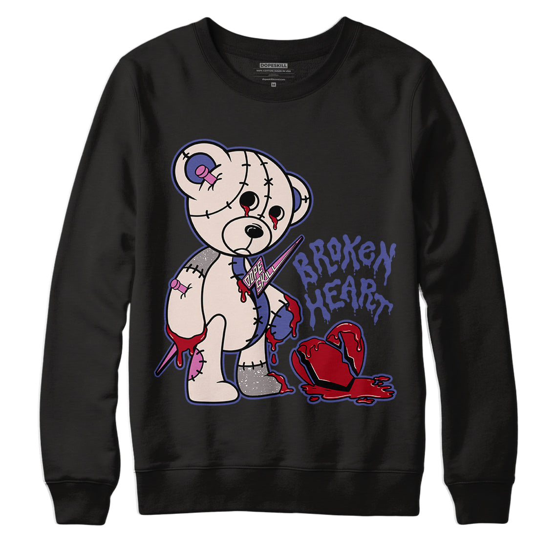 Jordan 7 SE Sapphire DopeSkill Sweatshirt Broken Heart Graphic - Black 