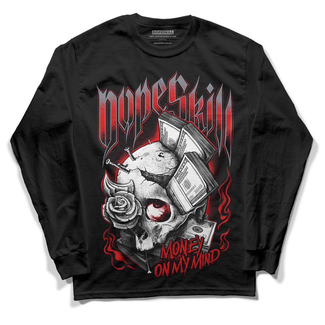 Gym Red 9s DopeSkill Long Sleeve T-Shirt Money On My Mind Graphic - Black 