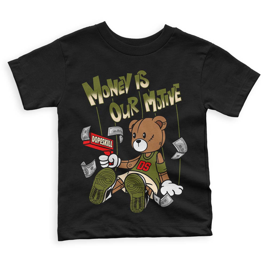 Travis Scott x Jordan 1 Low OG “Olive” DopeSkill Toddler Kids T-shirt Money Is Our Motive Bear Graphic Streetwear - Black