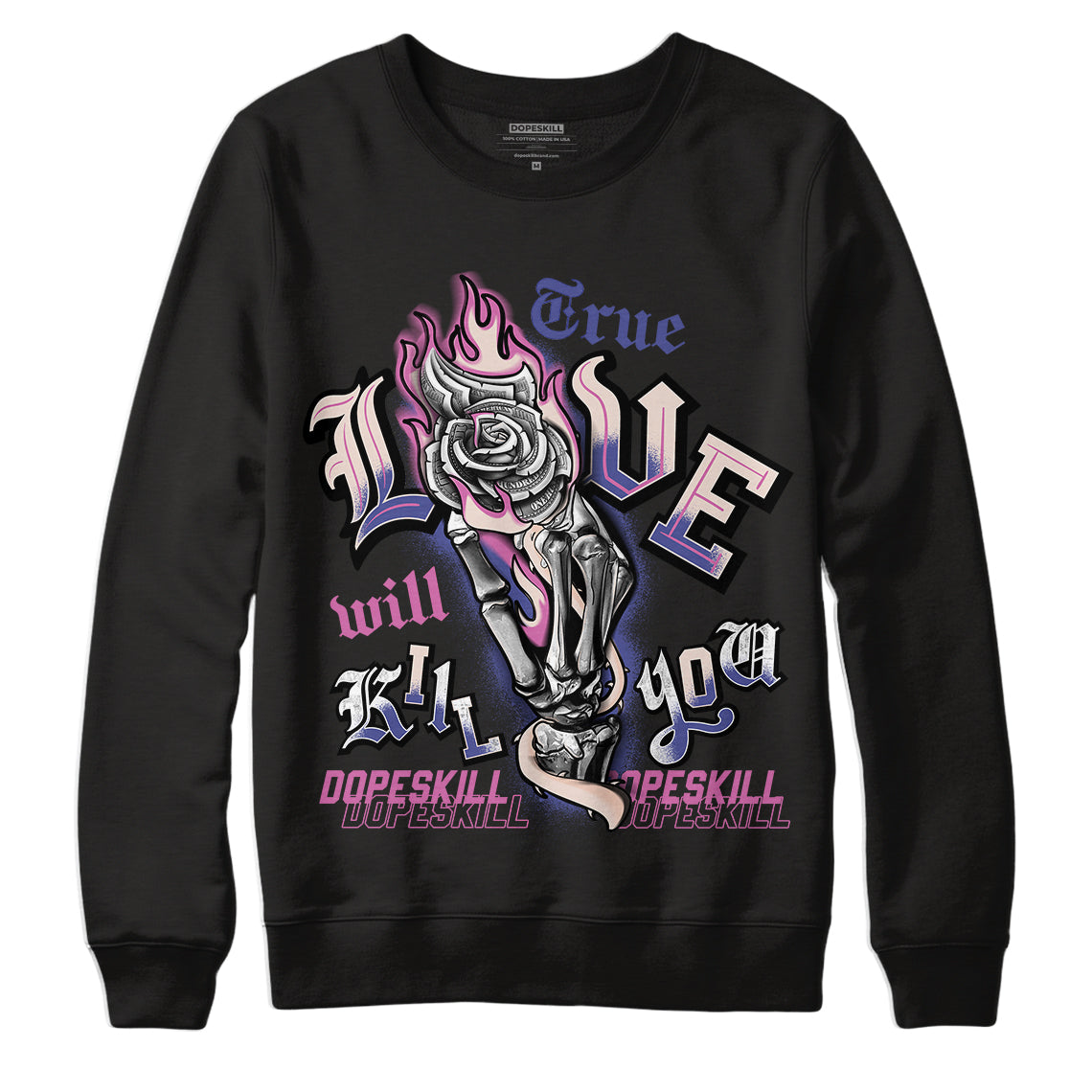 Jordan 7 SE Sapphire DopeSkill Sweatshirt True Love Will Kill You Graphic - Black 