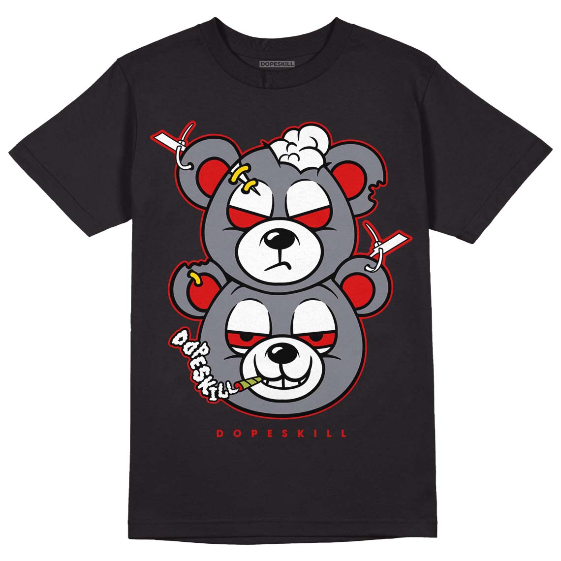 Fire Red 9s DopeSkill T-Shirt New Double Bear Graphic - Black 