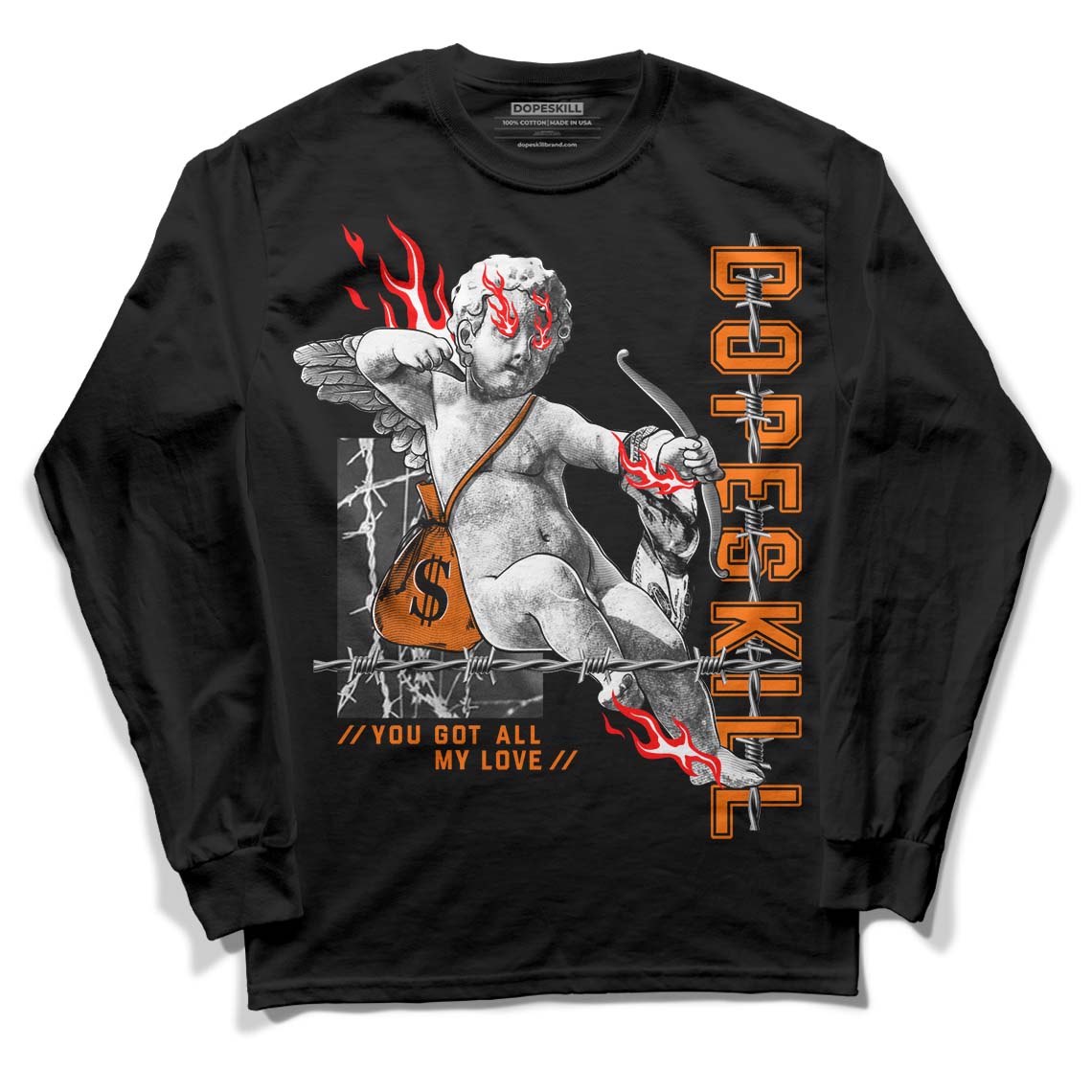 Orange Black White DopeSkill Long Sleeve T-Shirt You Got All My Love Graphic - Black