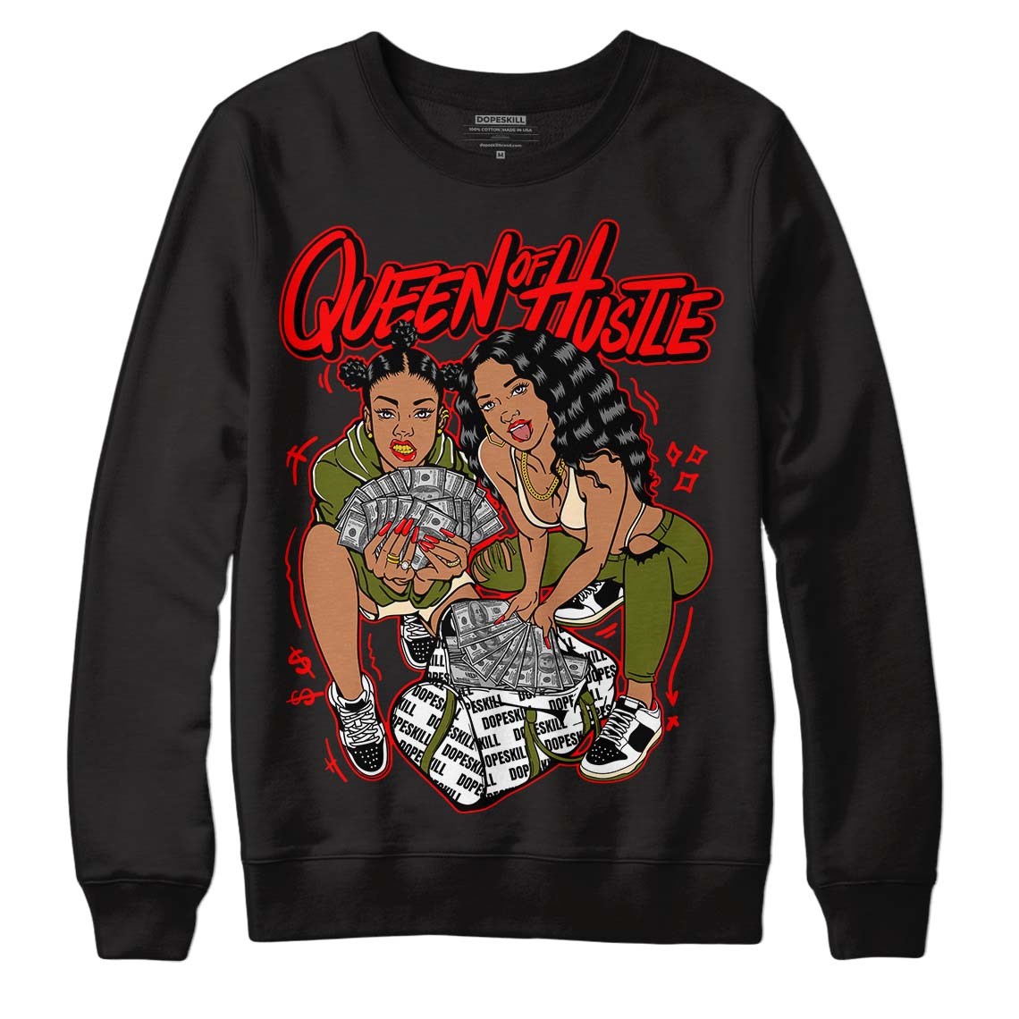 Travis Scott x Jordan 1 Low OG “Olive” DopeSkill Sweatshirt Queen Of Hustle Graphic Streetwear - Black