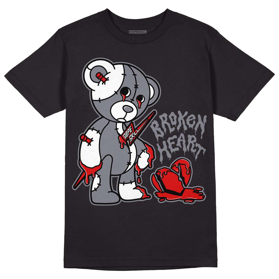 Fire Red 9s DopeSkill T-Shirt Broken Heart Graphic - Black 