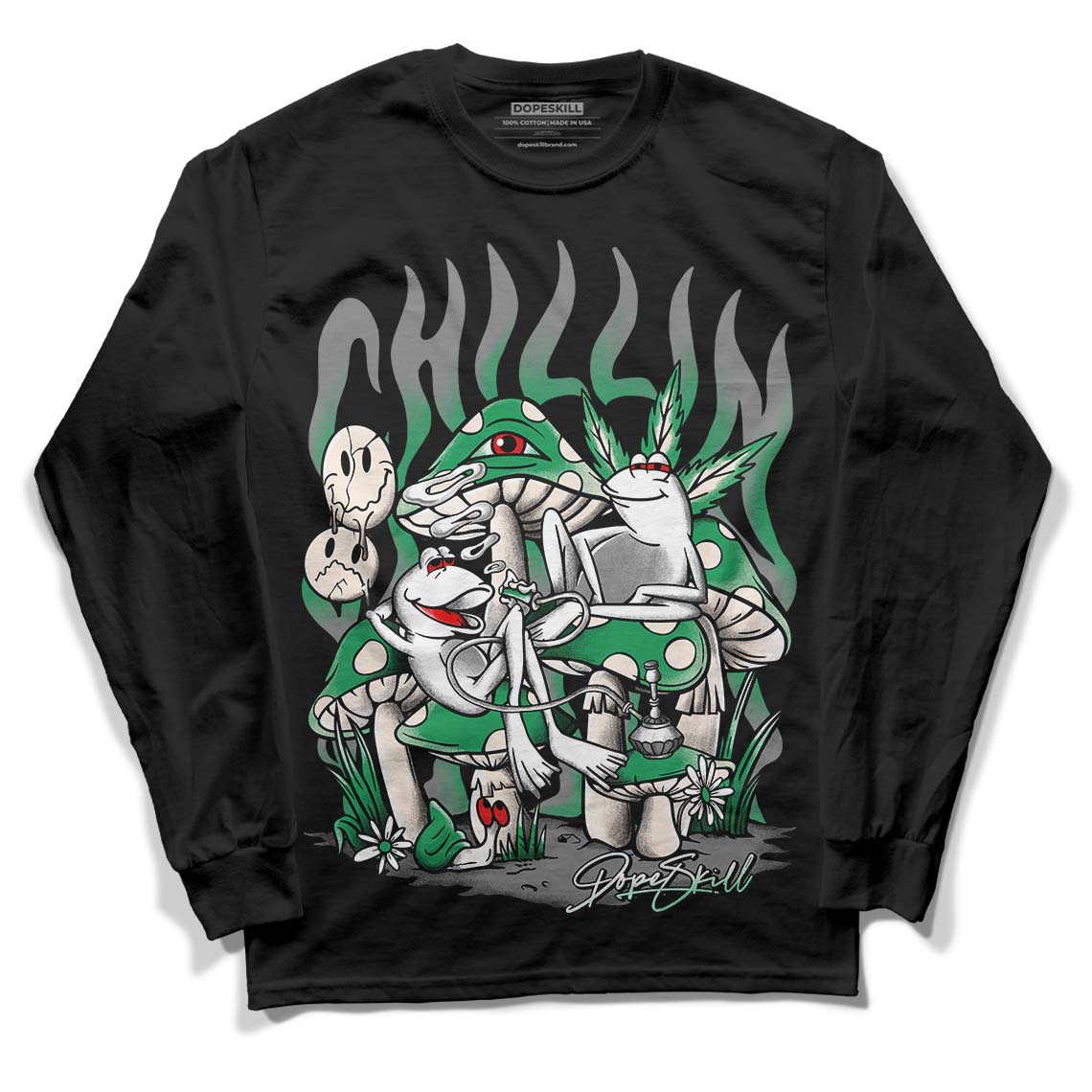 Jordan 2 Retro Lucky Green DopeSkill Long Sleeve T-Shirt Chillin Graphic Streetwear  - Black