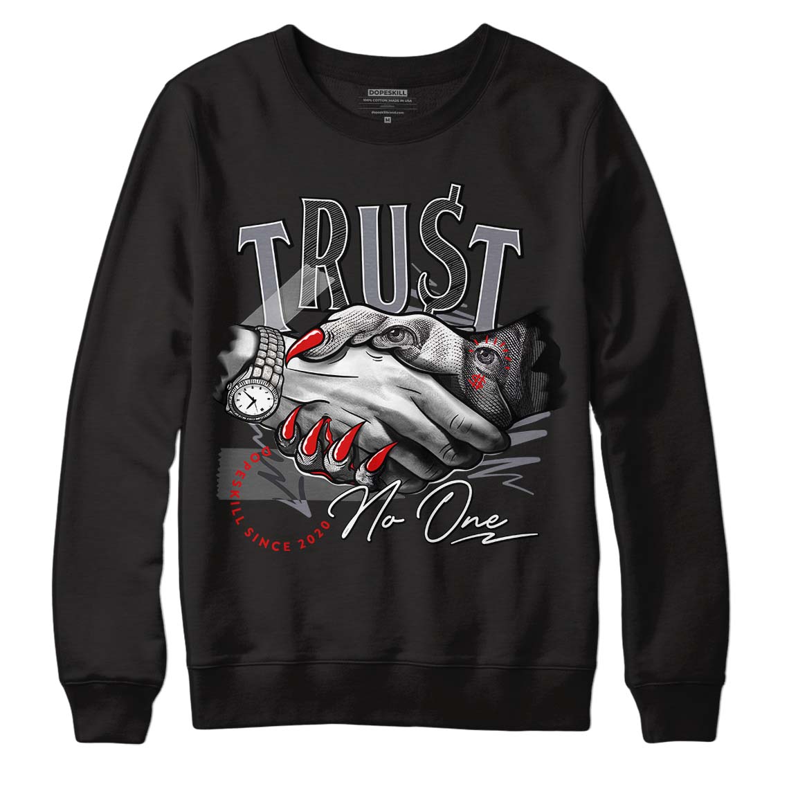 Fire Red 9s DopeSkill Sweatshirt Trust No One Graphic - Black