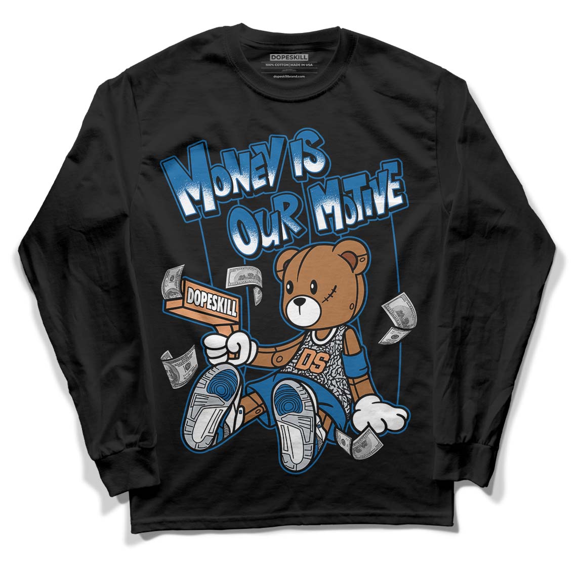 Jordan 3 Retro Wizards DopeSkill Long Sleeve T-Shirt Money Is Our Motive Bear Graphic Streetwear - Black