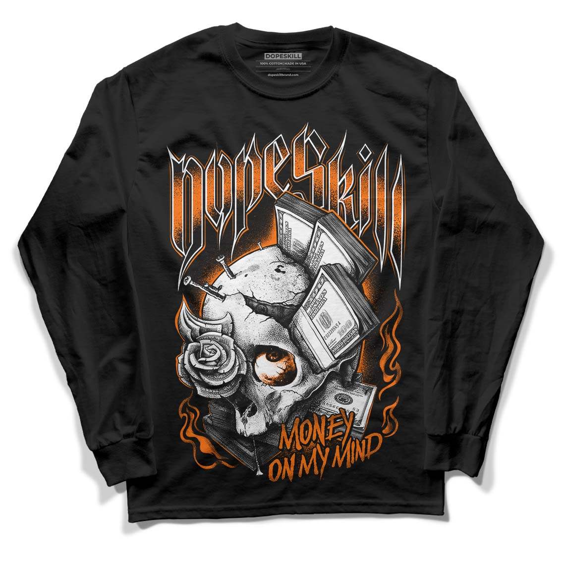 Orange Black White DopeSkill Long Sleeve T-Shirt Money On My Mind Graphic - Black