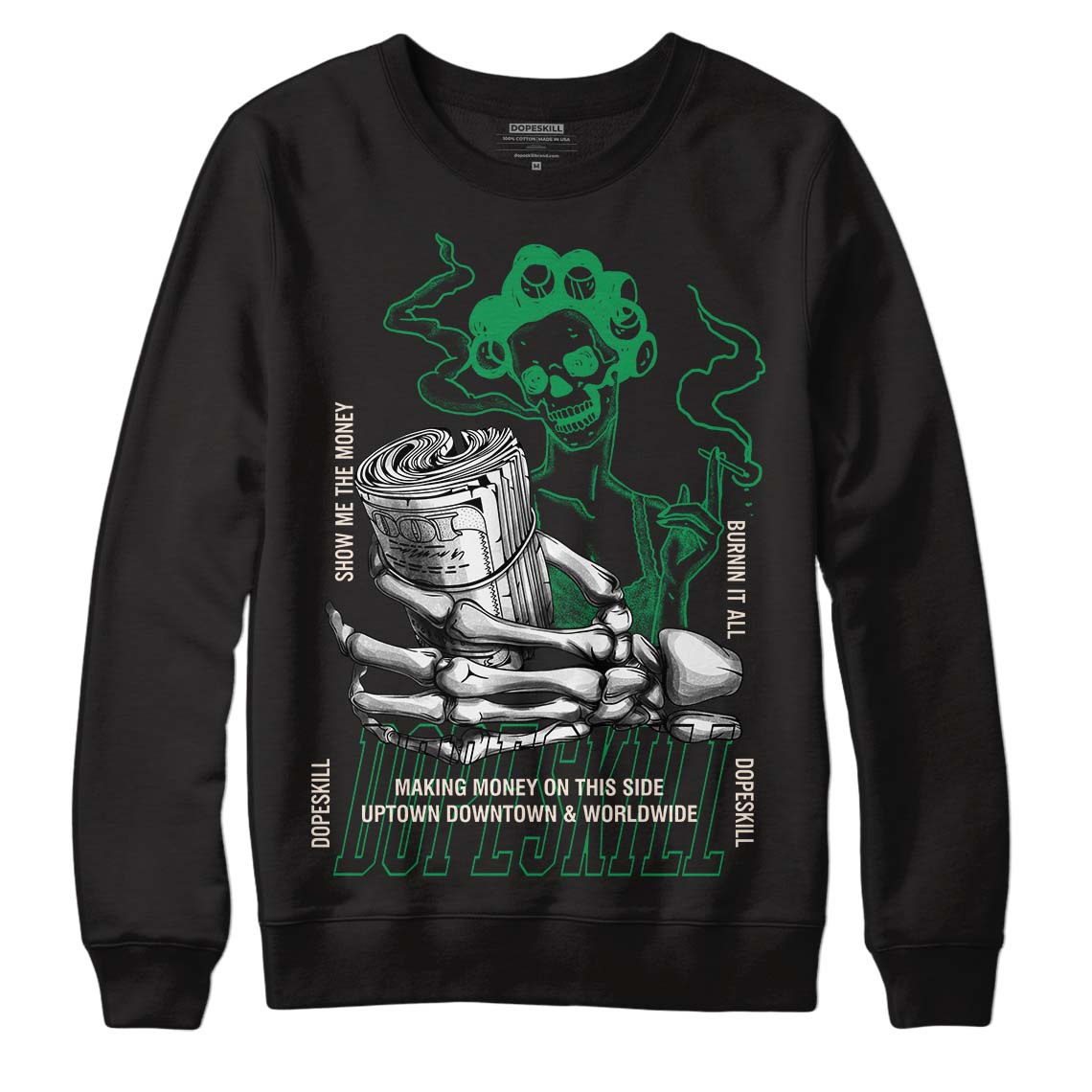 Jordan 2 Retro Lucky Green DopeSkill Sweatshirt Show Me The Money Graphic Streetwear  - Black